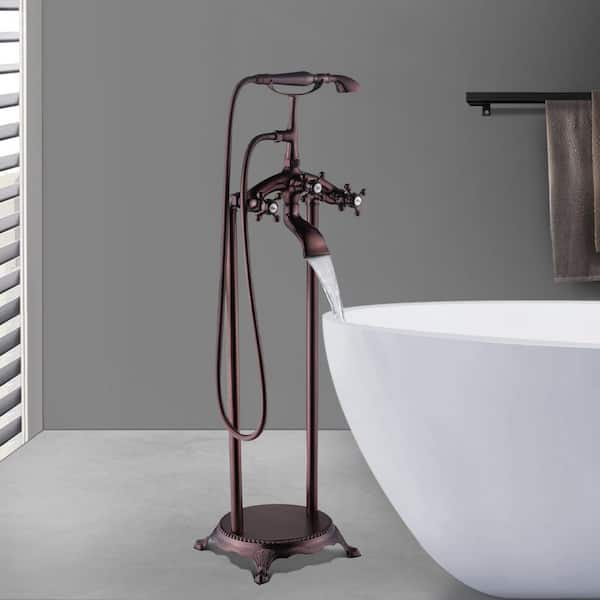 3-Handle Floor Mount Claw Foot Freestanding Tub Faucet with Hand Shower in Oil Rubbed Bronze