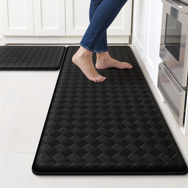 2-Piece Anti-Fatigue Kitchen Mat Set, Non-Slip Waterproof PVC Floor Rug in Black, 17.3 x 30 and 17.3 x 47 in.