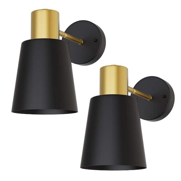 8 in. 1-Light Black and Gold LED Wireless Wall Sconces for Bathroom, Dimmable with Remote Control (2-Pack)