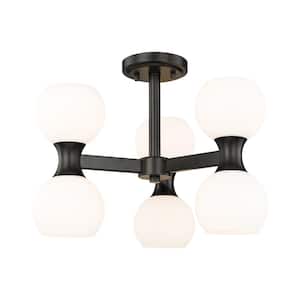 Artemis 18 in. 6-Light Matte Black Semi Flush Mount Light with Matte Opal Glass Shade with No Bulbs Included