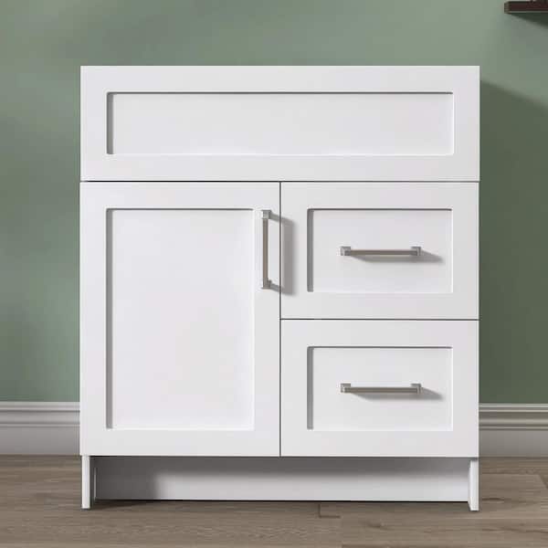 30 in. MDF Bath Vanity Cabinet without Top in White Dove Unassembled with 2-Right Drawers and 1-Left Door Soft Closing