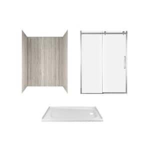 Passage 60 in. x 72 in. 3-Piece Glue-Up Alcove Shower Wall, Door and Base Kit with Right Drain in Pewter Travertine