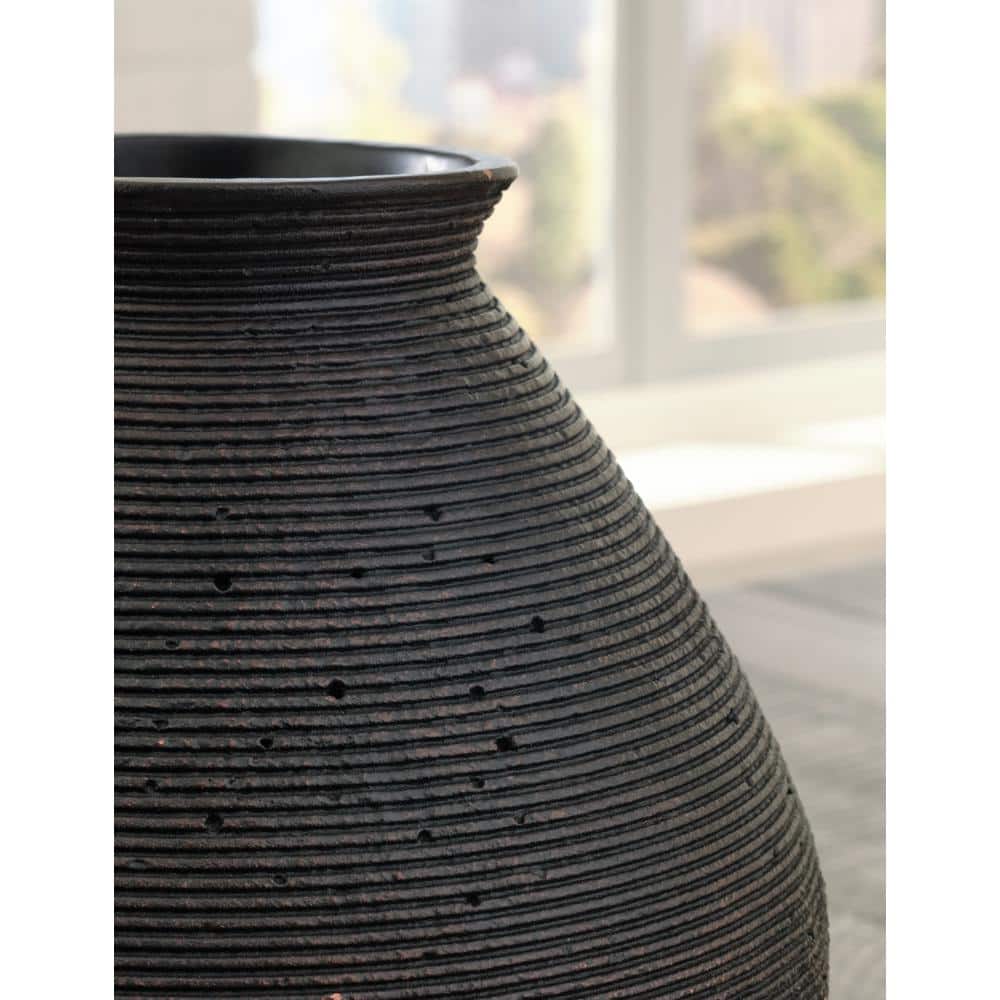 Antique Brown Ribbed Polyresin Vase, 12-Inch