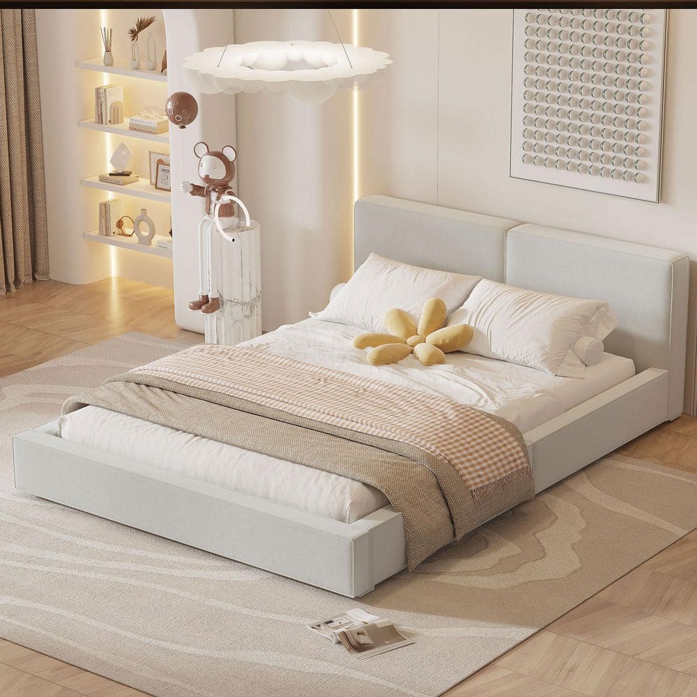 ベッドフレーム Double bed for sale-Excellent condition Nestfair Beige Wood Frame Velvet Fabric Queen Solid Frame Platform