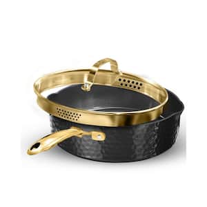 Charleston Collection 4 qt. Aluminum Hammered Nonstick Deep Saute Pan with Strainer Glass Lid in Black