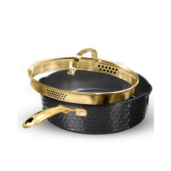 GRANITESTONE Charleston Collection 4 qt. Aluminum Hammered Nonstick Deep Saute Pan with Strainer Glass Lid in Black