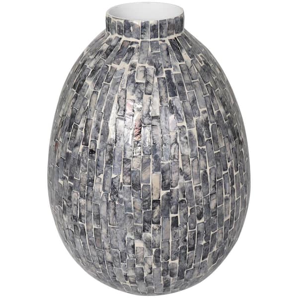 Litton Lane 12 in. Gray Handmade Mosaic Inspired Mother of Pearl Shell Decorative Vase