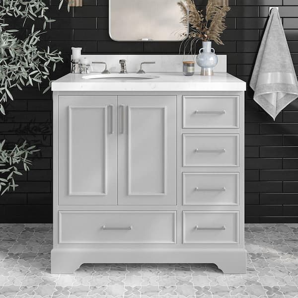 ARIEL Stafford 36 in. W x 22 in. D x 36 in. H Single Sink Freestanding Bath Vanity in Grey with Carrara White Quartz Top