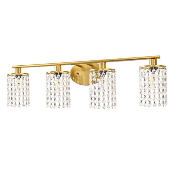 32 in. 4-Light Gold Crystal Vanity Light, Modern Bathroom Wall Sconce Over Mirror Perfect for Powder Room Dressing Room