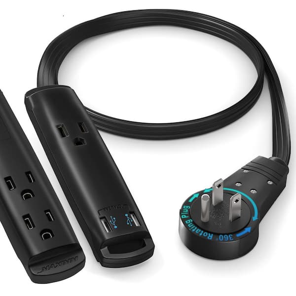 MAXIMM 1 ft. 16 / 3 Light Duty Indoor Extension Cord with 360° Rotating Flat Plug and USB 3-Outlet Black