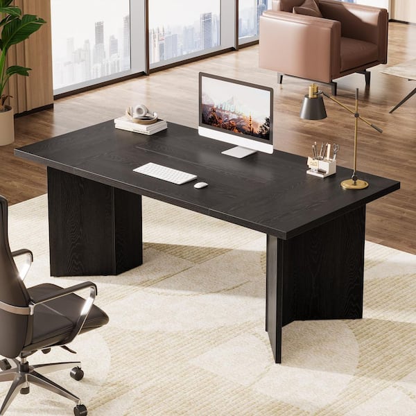 BYBLIGHT 63 in. Rectangular Black Engineered Wood Executive Desk, Modern Office Computer Desk with Double Pedestal