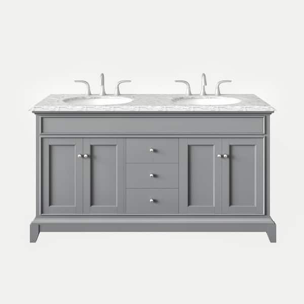Elite Stamford 72 in. W x 24 in. D x 36 in. H Double Bath Vanity in Gray with White Carrara Marble Top White Sinks