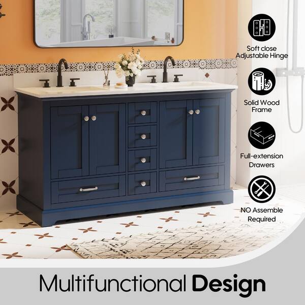 60 in. W x 22 in. D Solid Wood Freestanding Navy Blue Bath Vanity with White Cultured Marble Top and Soft-close Hardware