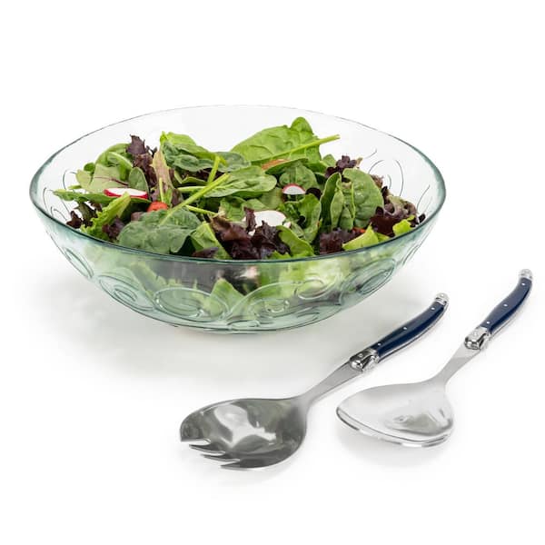 Recycled Glass Celebration Salad Bowl with Navy Laguiole Serving Utensils