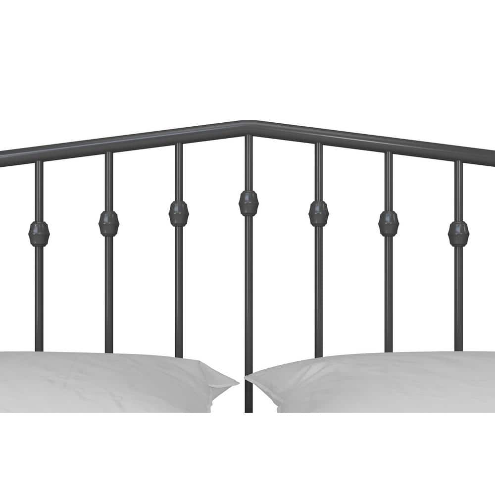 King-Size Gunmetal Gray Metal Bed with Upholstered Headboard and Storage Drawer