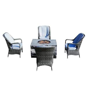 Smith 5-Piece Wicker Outdoor Dining Set Fire Pit Table Set with Gray Cushion