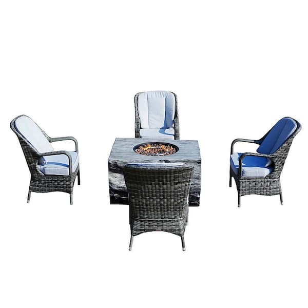 DIRECT WICKER Smith 5-Piece Wicker Outdoor Dining Set Fire Pit Table Set with Gray Cushion