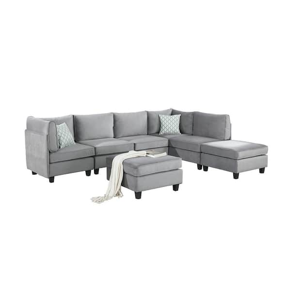 SIMPLE RELAX 120 in. W 7-Piece Velvet Modular Sectional Sofa with Ottoman in Gray