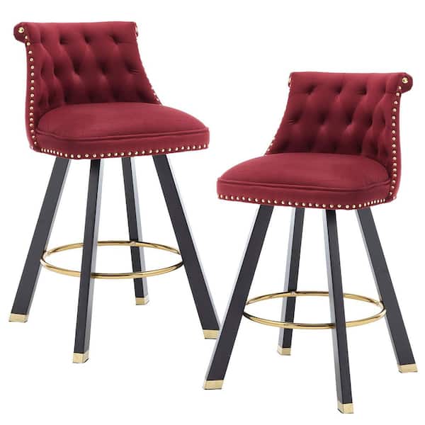 Modern Red Velvet Wood Swivel Counter Height Bar Stools with Tufted Backrest and Copper Nails Set of 2
