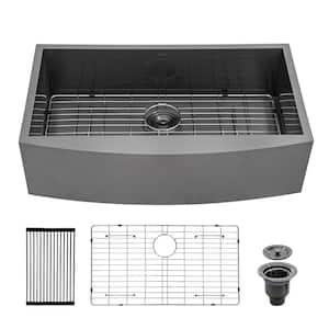 Gunmetal Black 16-Gauge Stainless Steel 33 in. Single Bowl Farmhouse Apron-Front Kitchen Sink with Bottom Grids