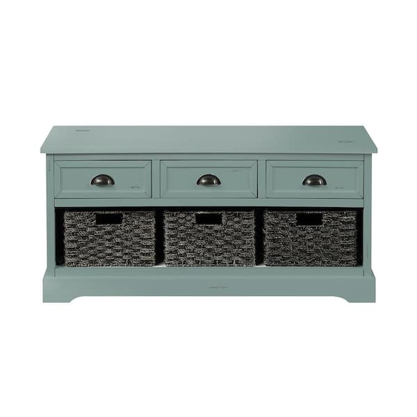 JASIWAY 19.5 in. H x 42 in. W Green Wood Shoe Storage Bench Entryway Bench with 3 Drawers and 3 Woven Baskets