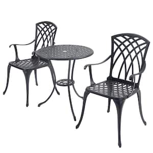 3-Piece Bistro Table Set Cast Aluminum Outdoor Patio Furniture with Umbrella Hole Patio Balcony, Black