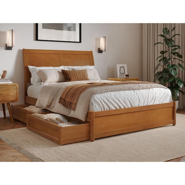 AFI Andorra Light Toffee Natural Bronze Solid Wood Frame Full Platform Bed with Panel Footboard and Storage-Drawers