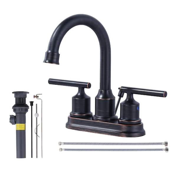 4 in. Centerset Double Handle High Arc Bathroom Faucet with Drain Kit and Supply Lines Included in Oil Rubbed Bronze