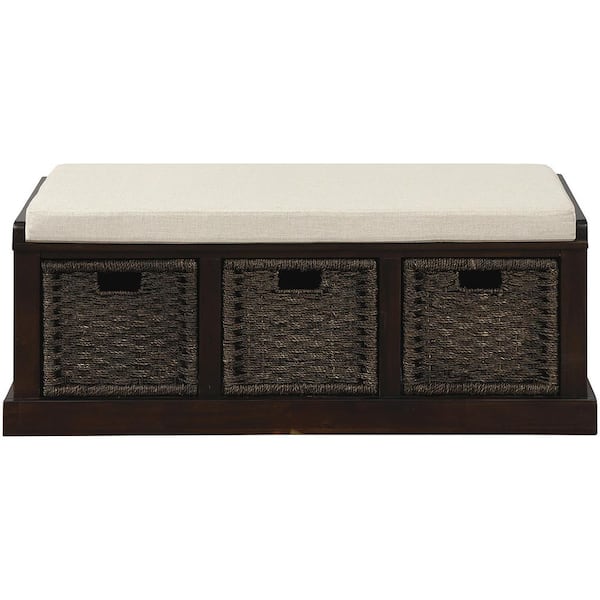 JASMODER Brown Storage Bench with 3 Removable Classic Rattan Baskets (19 in. x 48 in. x 20 in.)
