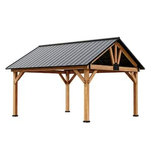 15 ft. x 13 ft. Outdoor Patio Solid Cedar Wood Hardtop Gazebo with Black Galvanized Steel Roof and Ceiling Hook