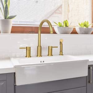 Two-Handles Deck Mount Standard Kitchen Faucet with Side Spray in Brushed Gold