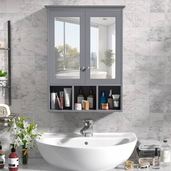 VEIKOUS 23.6 in. W x 30.4 in. H Rectangular Surface-Mount Bathroom Medicine Cabinet with Mirrors and Shelves in Gray
