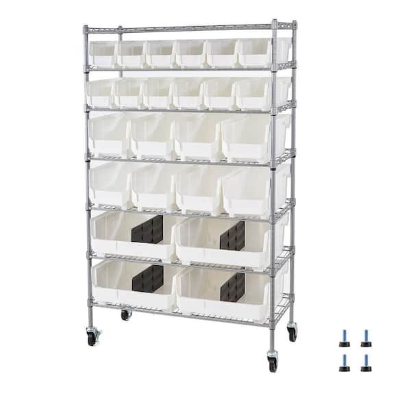 Mobile Steel Wire Storage Rack with Wheels, 7-Tier Rolling Bin Organizer, 24 Bins for Garage, Office, Kitchen, Warehouse
