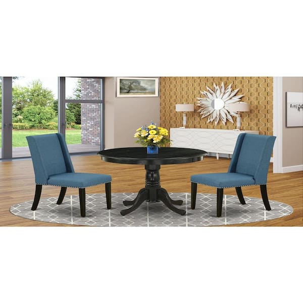 East West Furniture 3-Piece Wire brushed Black Solid Wood Top - Round Upholstered Dining Room Set - Seats 4