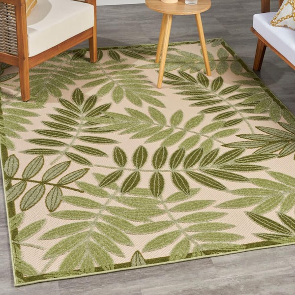 Aloha Ivory Green 4 ft. x 6 ft. Floral Contemporary Indoor/Outdoor Area Rug