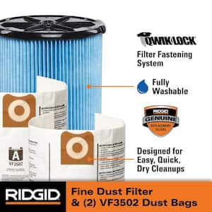 Wet/Dry Vac Filter Kit with Fine Dust Cartridge Filter and Two Dust Bags for Select 12-16 Gallon RIDGID Shop Vacuums