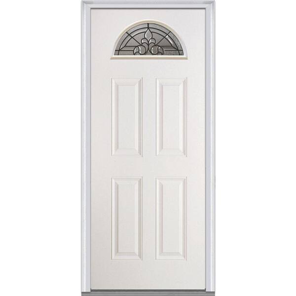 Milliken Millwork 36 in. x 80 in. Fontainebleau Decorative Glass Fan Lite 4-Panel Primed White Fiberglass Smooth Prehung Front Door