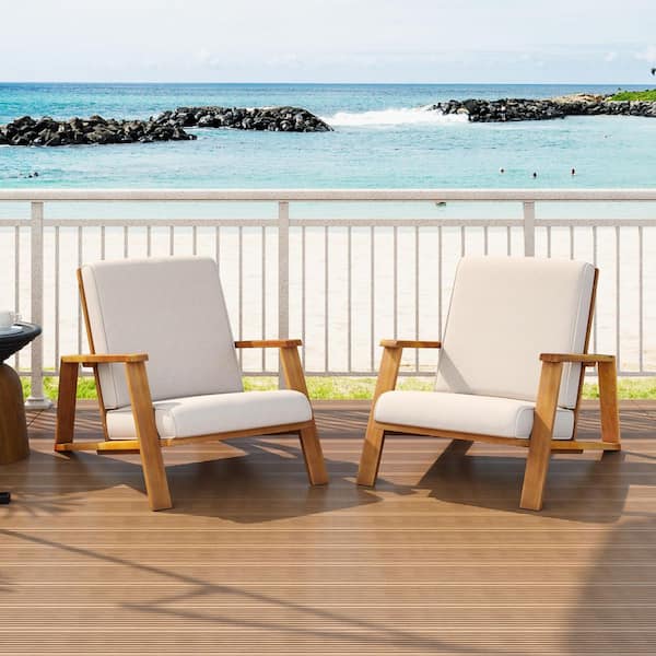 Acacia Wood Frame Material Outdoor Adirondack Chair with 5.25 in. Beige Comfort Thick Cushion (2-Pack)
