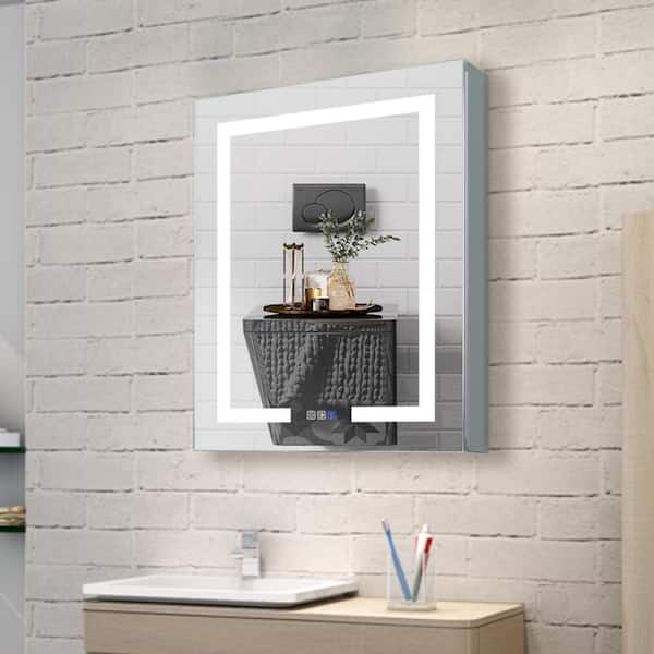 ExBrite 24 in. W x 30 in. H Large Rectangular Silver Aluminum Recessed/Surface Mount Wall Medicine Cabinet with Mirror