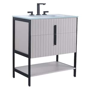 30 in. W x 18 in. D x 33.5 in. H Bath Vanity in Bright Taupe with Glass Single Sink Top in White with Black Hardware