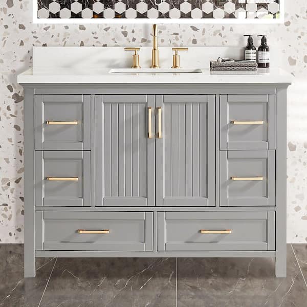 48 in. Freestanding Gray Bath Vanity with Carrara White Cultured Marble Top Assembled, Soft-Close Doors and Drawers