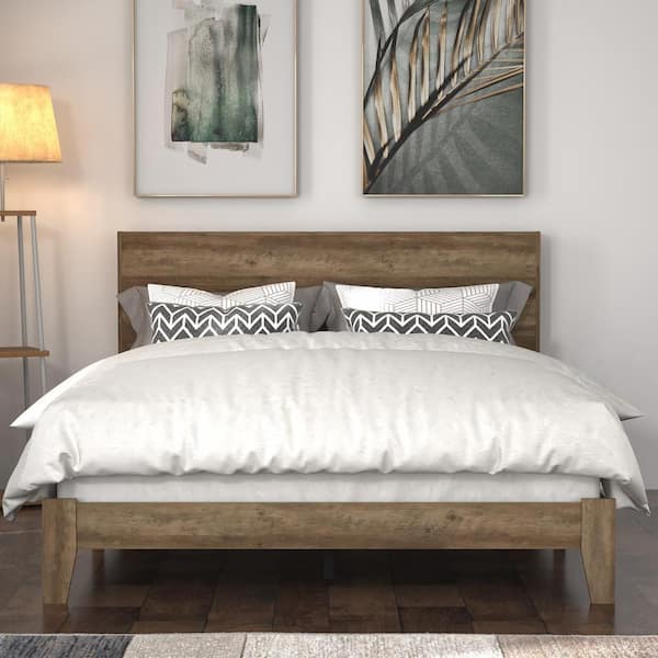 GALANO Layton Knotty Oak Wood Frame Queen Platform Bed with Headboard (84.0 in. x 64.2 in. x 40.2 in.)