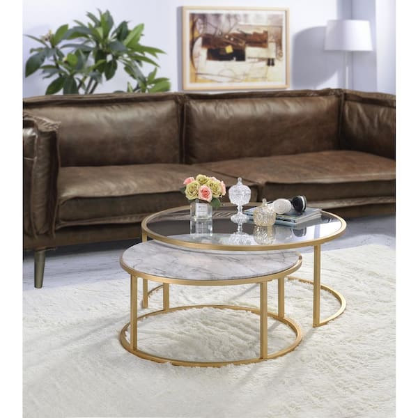Acme Furniture Shanish 36 in. Faux Marble and Gold Wood Nesting End Table No Additional Features