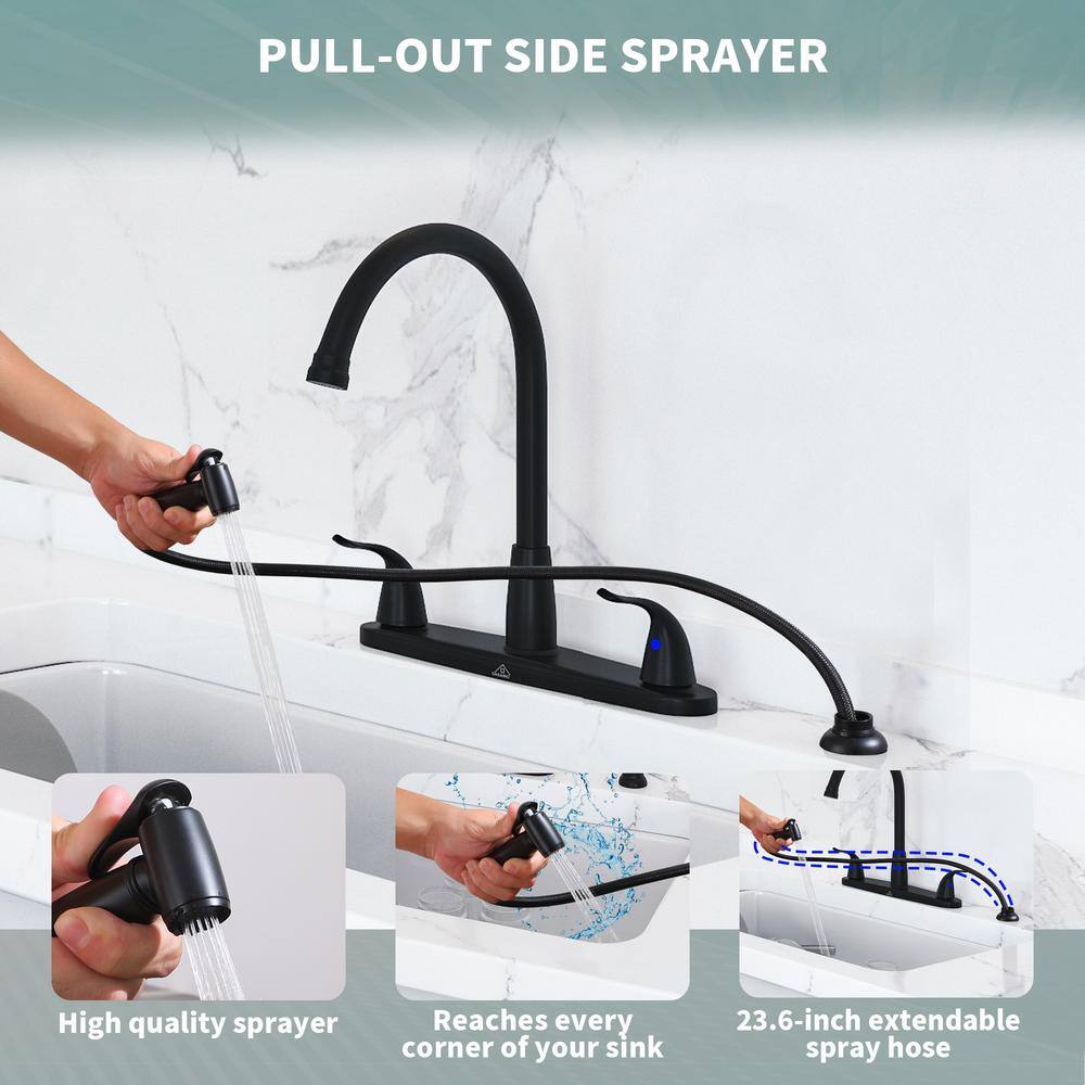 Matte Black Stainless Steel Double Handle Kitchen Faucet with Side Sprayer