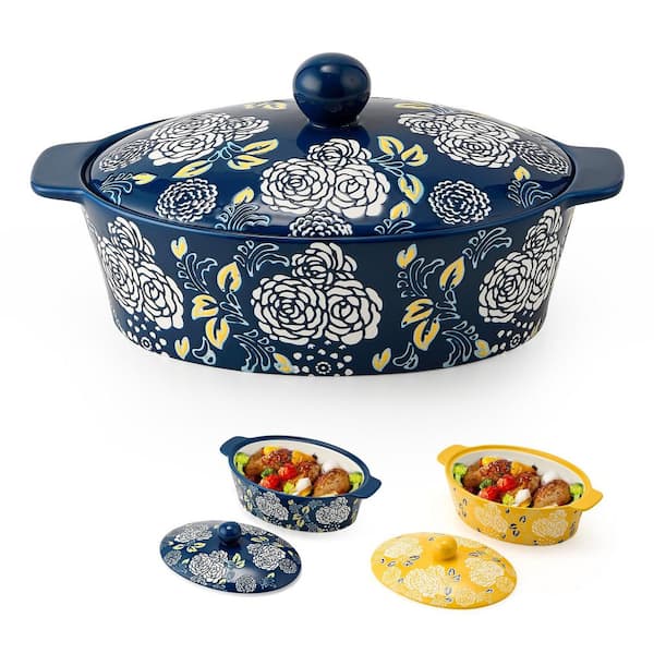 1-Piece Oval Ceramic Porcelain Casserole Dish Set with Lid, 81.16 oz, Oven, Microwave, Dishwasher Safe, in Blue