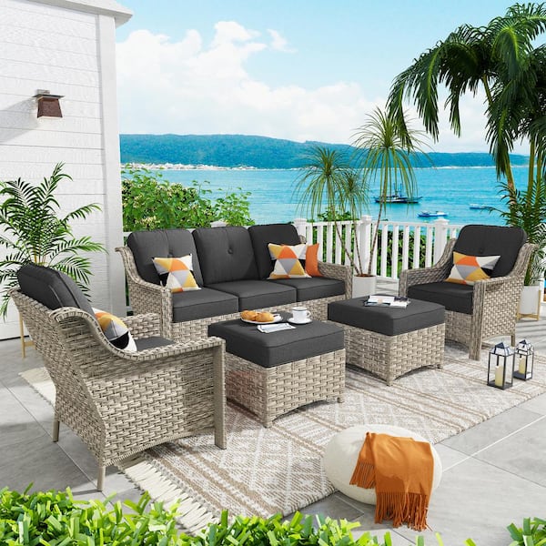 weaxty W Tulip F Gray 5-Piece Wicker Patio Outdoor Conversation Sofa Set with Ottoman and Black Cushions