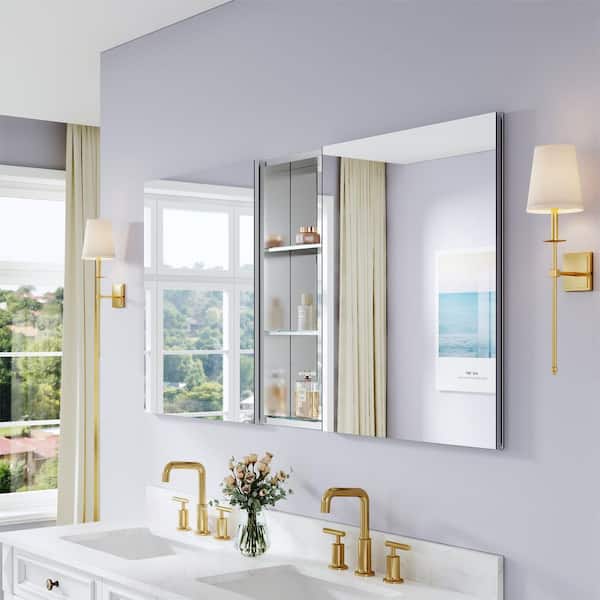 60 in. W x 30 in. H Rectangular Polished Aluminum Tri-view Soft Close Medicine Cabinet with Mirror Combo, Reversible