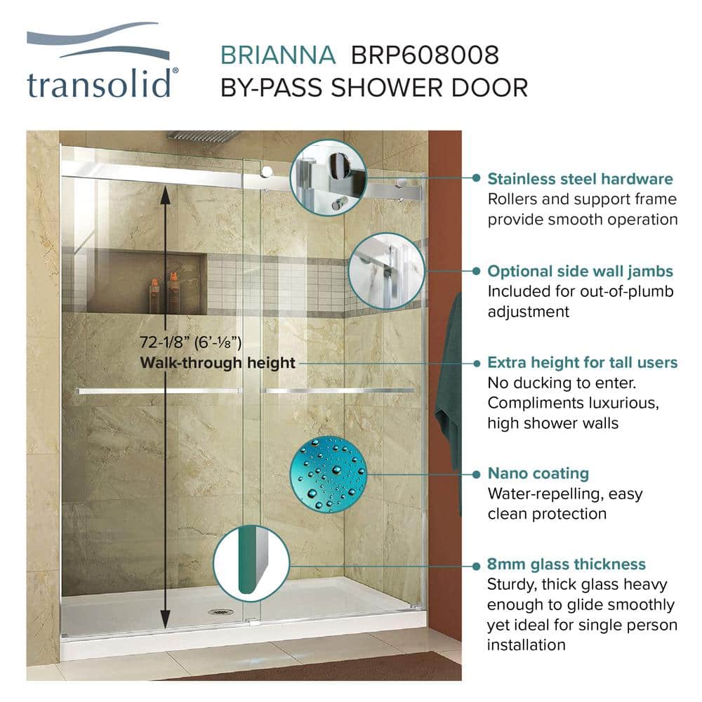 Brianna 60" x 80" Frameless Sliding Shower Door in Polished Chrome