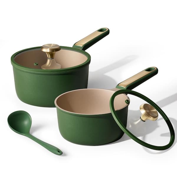 2-Piece Green Sauce Pan Sets with Lid, Ladle, Nonstick Cooking Pots, Aluminum Kitchen Cookware Set, Induction Compatible