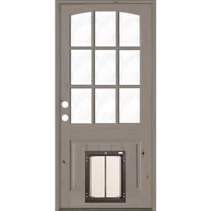36 in. x 80 in. Arch Top 9-Lite Clear Glass Grey Stained Wood Prehung Door with Large Dog Door